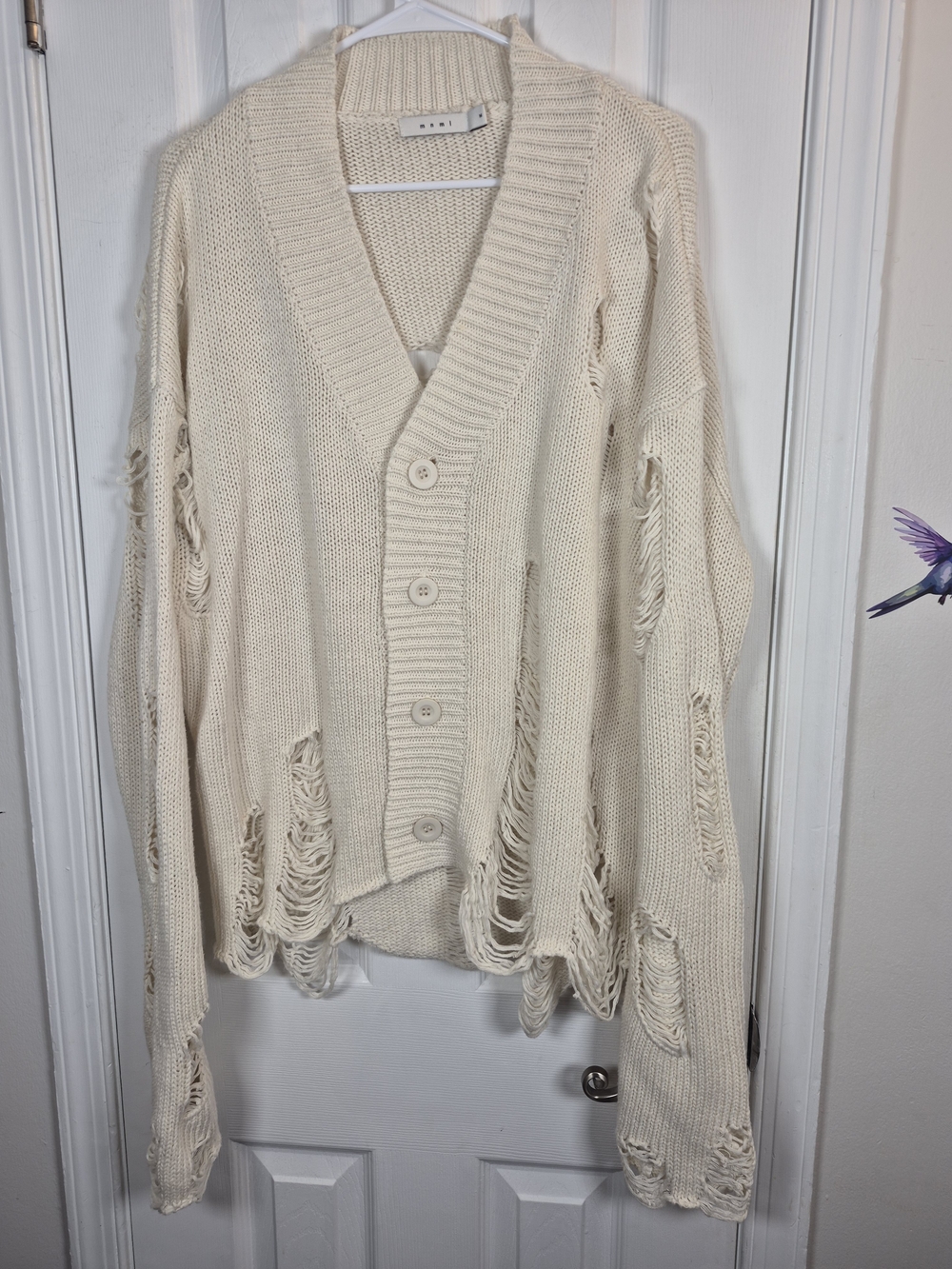 ​mnml Distressed Shredded Knit Cardigan Cream M Chunky Y2K Streetwear Sweater